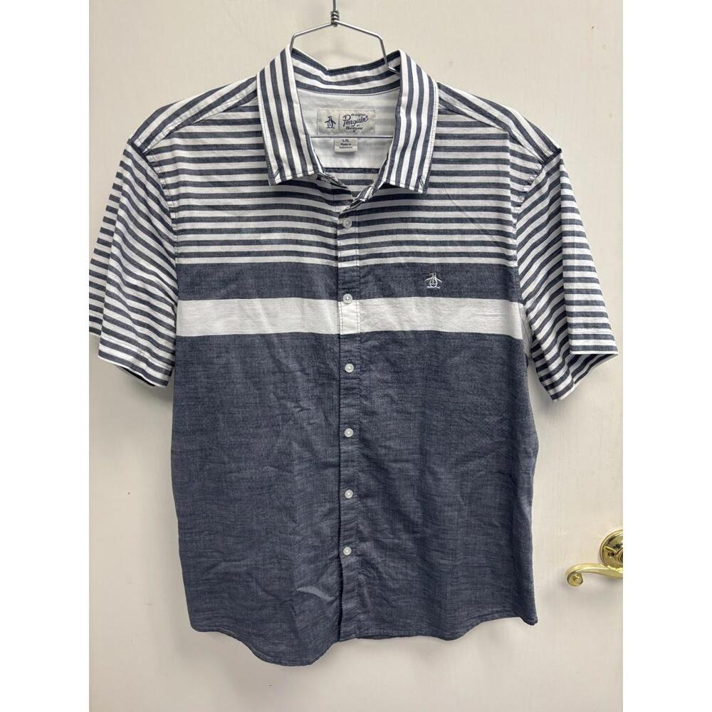 Penguin Men's Multi Grey Stripe Button up Short Sleeve Size Large